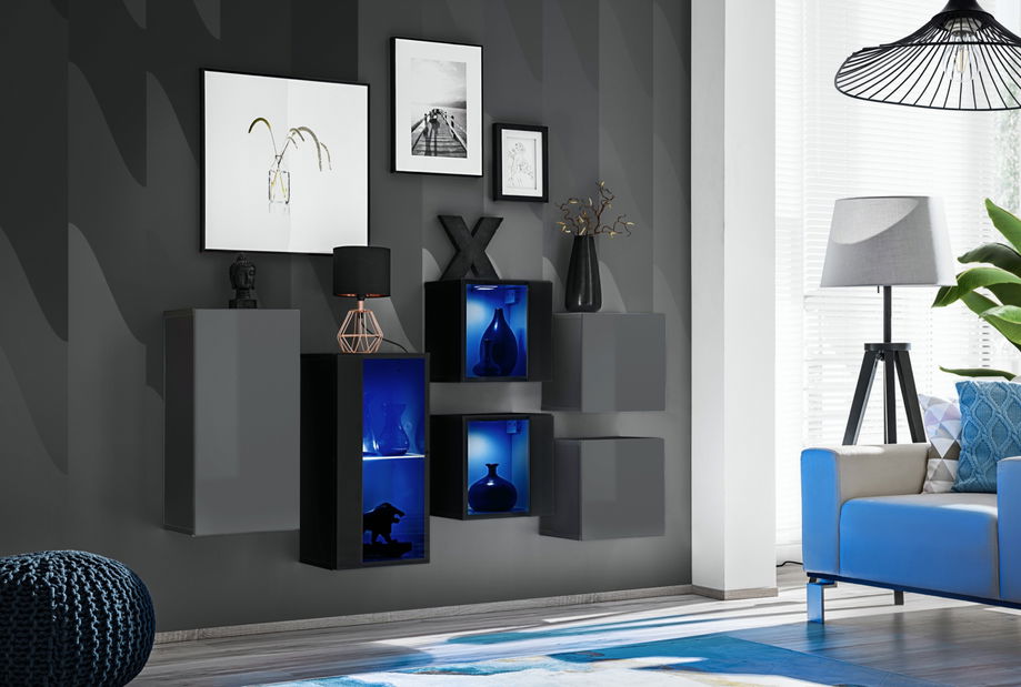 Obývacia stena Shelly 27 GZ SW SB4 (grafit matný + grafit lesklý + čierna matná + čierna lesklá)