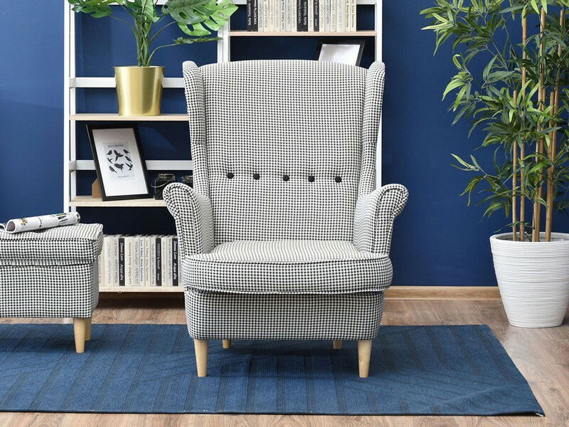 Fotoliu cu urechi Margis (alb negru + nuc)