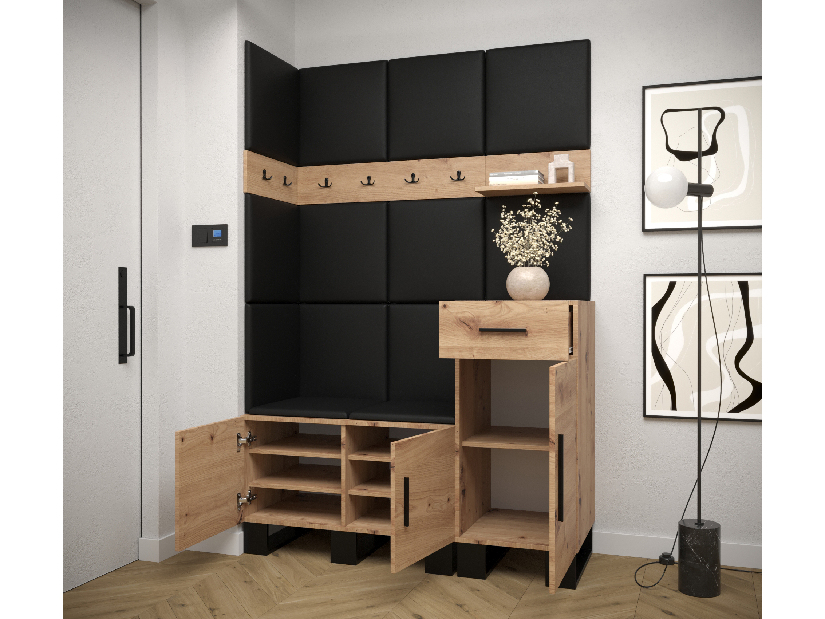 Set mobilier pentru hol Amanda 10 (Stejar artisan + piele ecologică Negru)