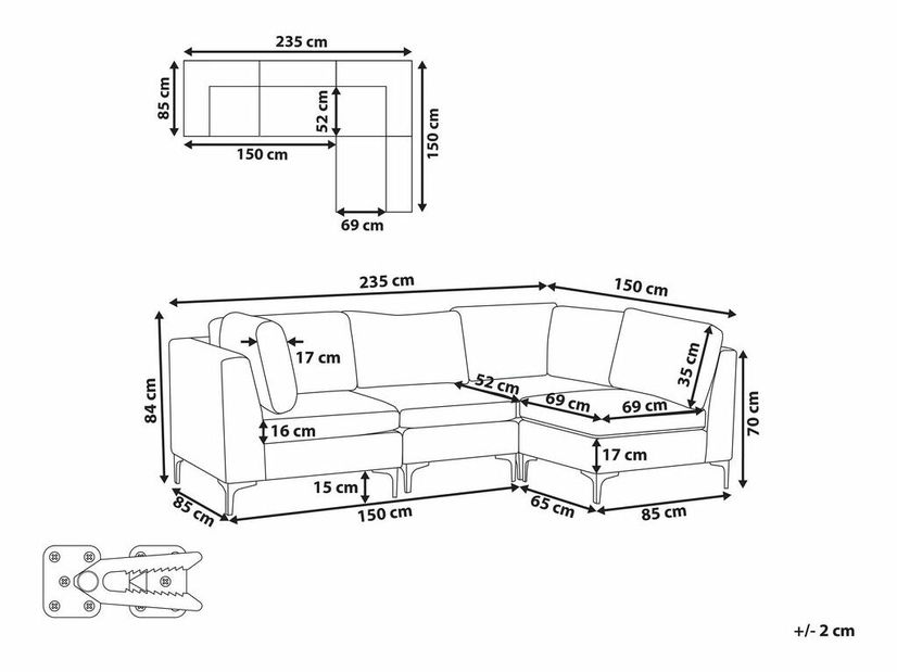 Rohová sedacia súprava Eldridge (zamatová modrá) (L)