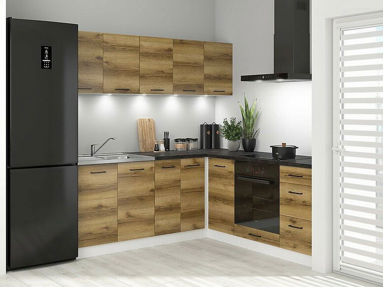 Rohová kuchyňa BRW Junona Line 200 + 200 cm (biela + dub svetlý + metalická)
