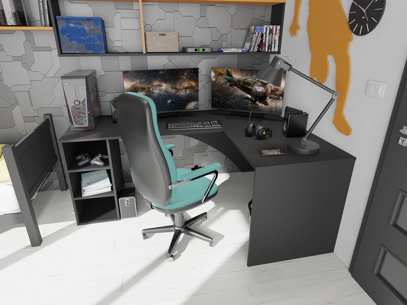 Rohový pc stôl Carbon (čierna) (P) (bez osvetlenia)