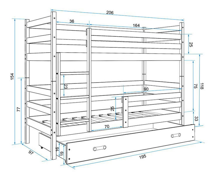 Poschodová posteľ 90 x 200 cm Eril B (borovica + grafit) (s roštami, matracmi a úl. priestorom)