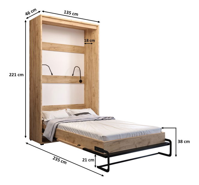 Lenyitható szekrényágy 120 Cassie (arany craft + matt fekete) (vertikális) (világítással)