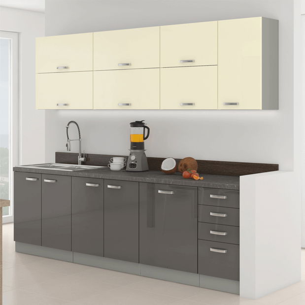 Kuhinja Primula 260 cm (siva + sjaj visoki sivi/krem) 