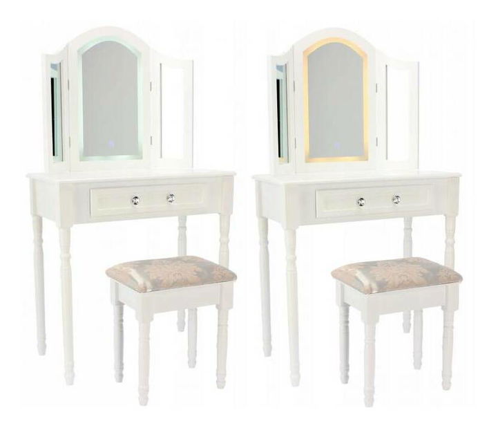 Toaletný stolík s taburetkou Tudor (s LED osvetlením) (biela)