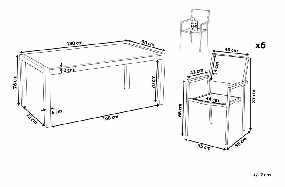 Vrtni blagovaonski set Grosso (crna) (staklena ploča 180x90 cm) (bijele stolice)