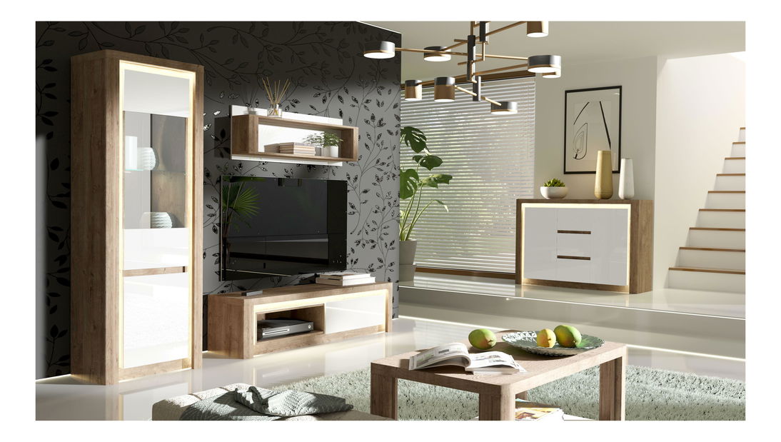 Mobilier living Livia 1 (stejar ribbeck + alb lucios) (cu iluminare)