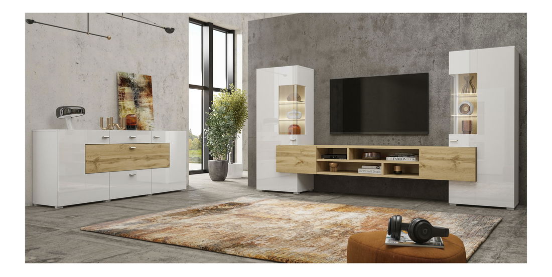 Mobilier living Cobie Typ 10 (alb lucios + Stejar wotan)