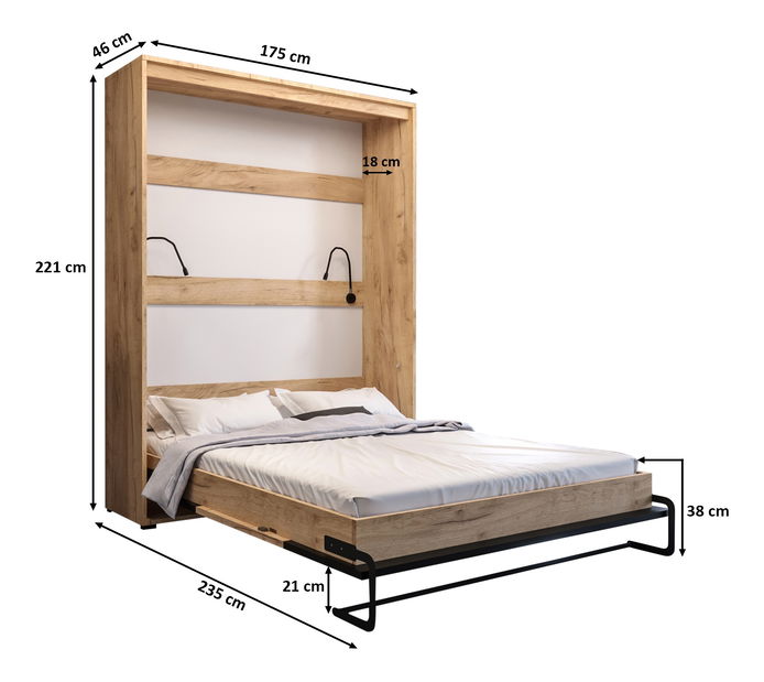 Sklápacia posteľ 160 Cassie (craft zlatý + čierna matná) (vertikálna) (s osvetlením)