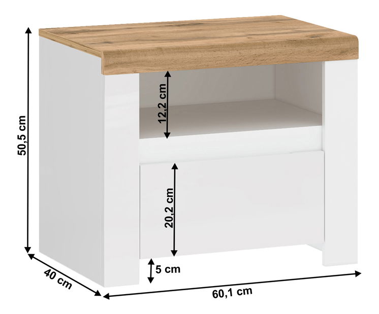 Nočný stolík Vilgi 1S (lesk biely + dub wotan)
