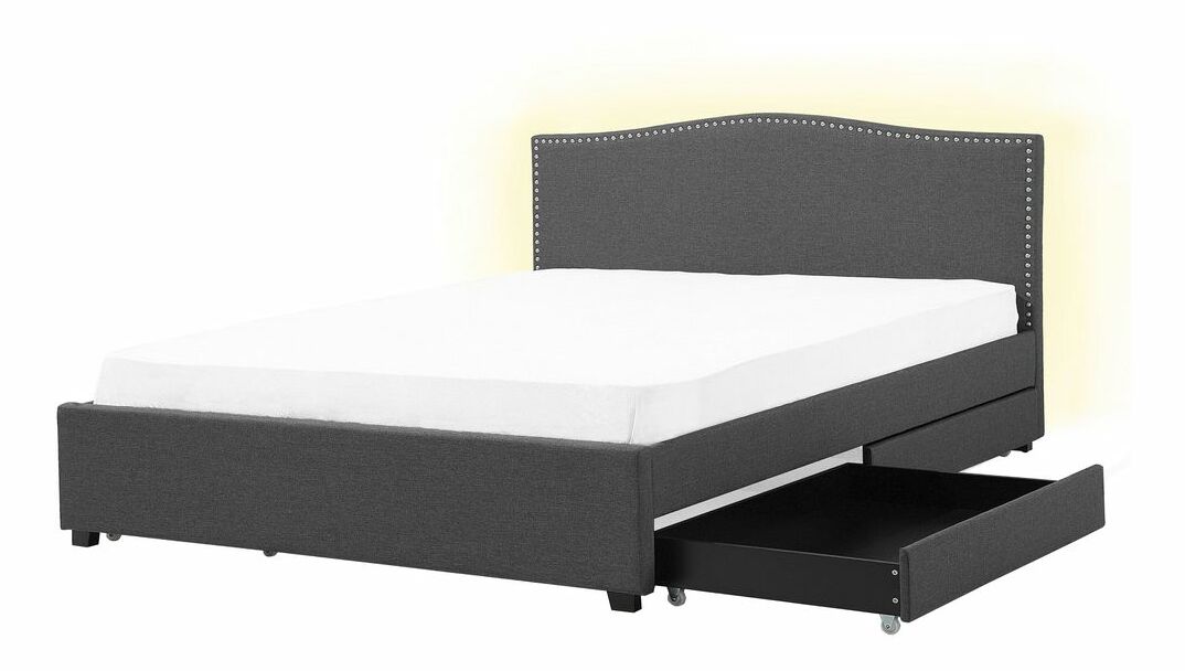 Pat matrimonial 160 cm MONTHY (cu somieră, sp. depozitare și iluminat LED) (gri închis)