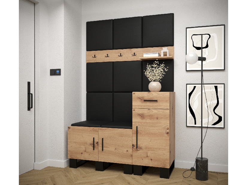 Set mobilier pentru hol Amanda 5 (Stejar artisan + piele ecologică Negru)