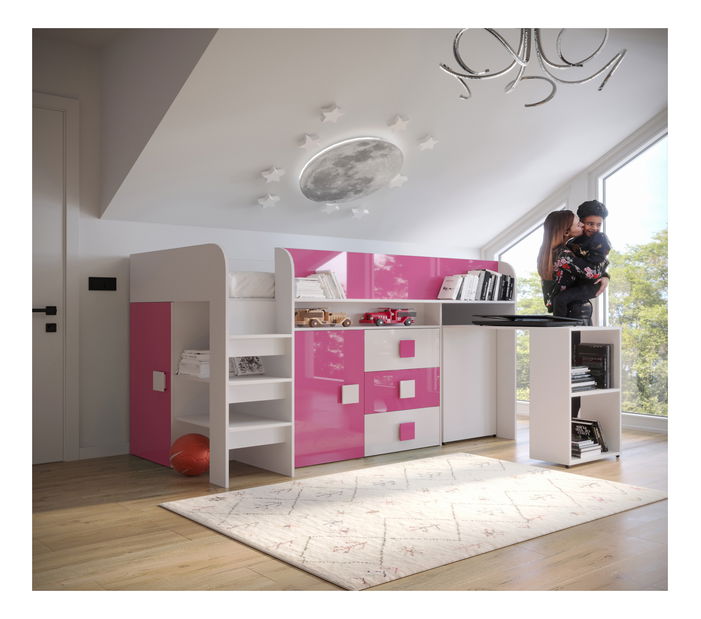 Dječji kombinirani krevet 90 cm Toreno 1 (bijela + bijeli sjaj + ružičasti sjaj)