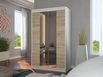 Ruhásszekrény Madio (fehér + sonoma tölgy) (tükörrel)