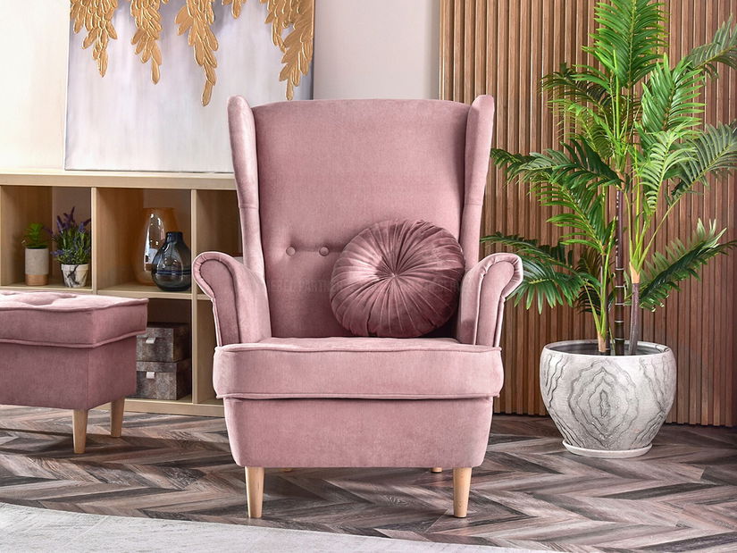 Kreslo ušiak Margis (púdrová ružová + orech)