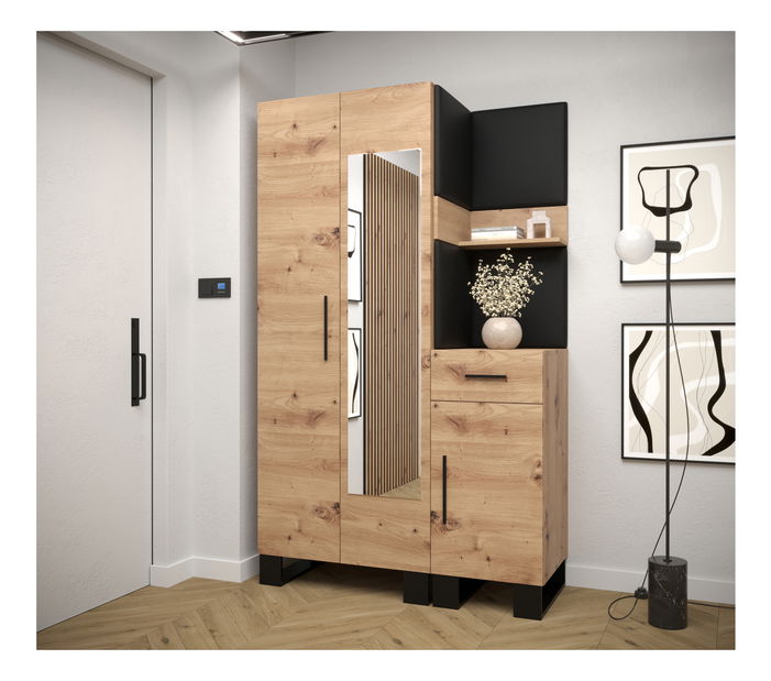 Predsieňová zostava Amanda 16 (dub artisan + čierna ekokoža)