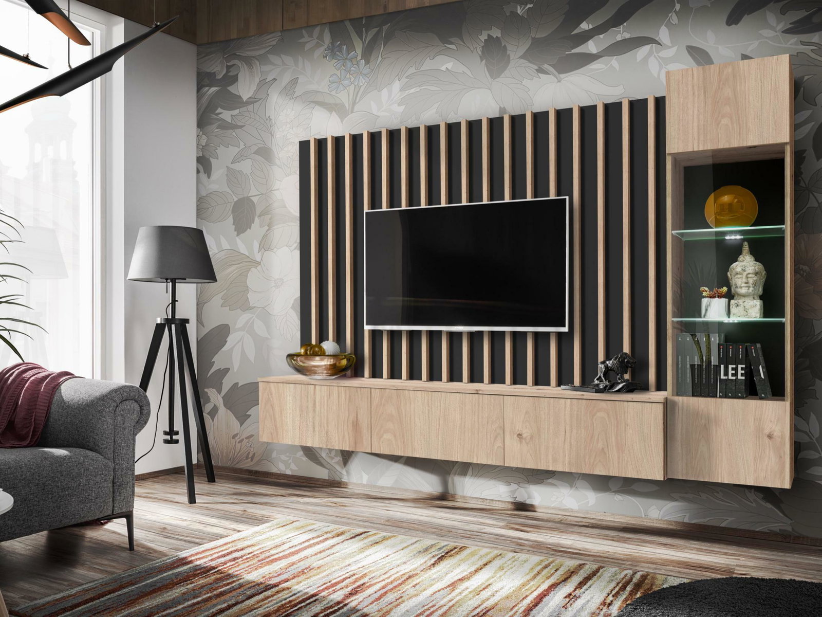 Mobilier living Vertic (negru + hikora jackson) (cu iluminat LED)