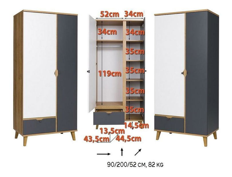 Dulap de haine Mimone SZ2D1SZ (Stejar auriu + Alb mat + grafit)