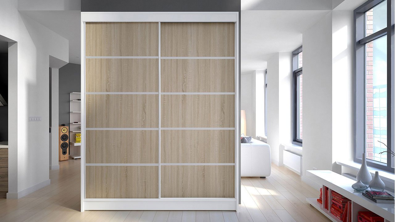 Szekrény tolóajtókkal Bianca IV (fehér + sonoma tölgy) (világítás nélkül)