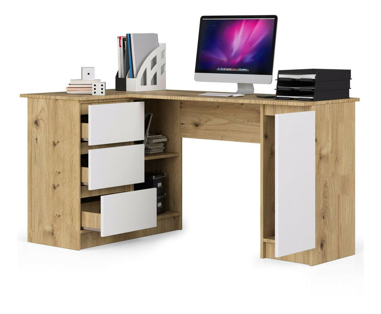 Masă PC de colț Bevin (Stejar artisan + Alb) (S)