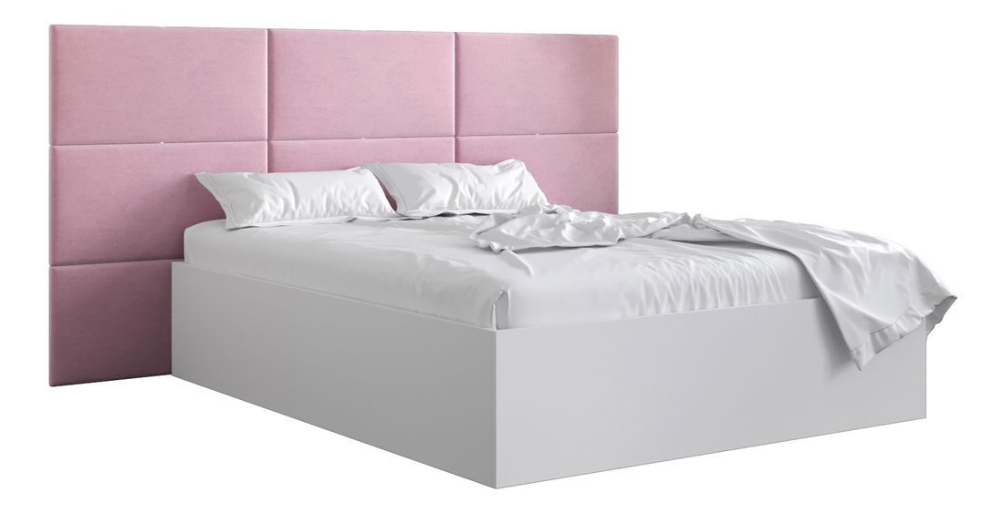 Pat matrimonial cu tăblie tapițată 160 cm Brittany 2 (Alb mat + roz) (cu somieră)