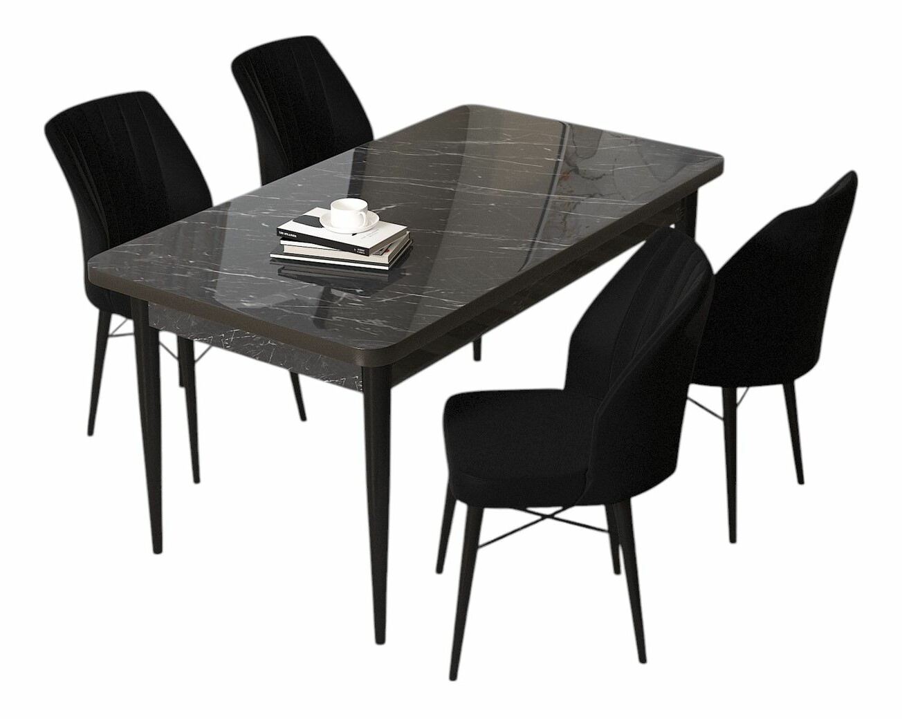 Jedálenský set Arpo L (mramor čierny + čierna) (pre 4 osoby)