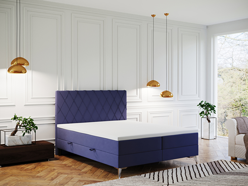 Pat matrimonial Boxspring 180 cm Miror (albastru închis) (cu sp. depozitare)