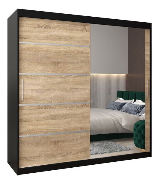 Dulap de haine 250 cm cu oglindă Verika 2 250 (negru + stejar sonoma)