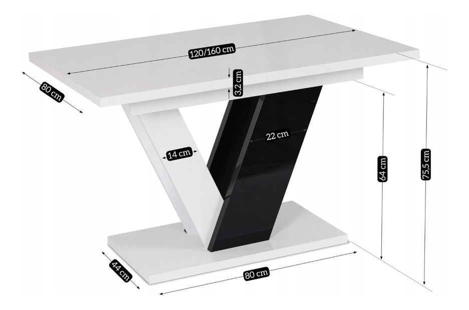 Blagovaonski stol na razvlačenje Comentado (bijeli sjaj + crni sjaj) (za 4 do 6 osoba)