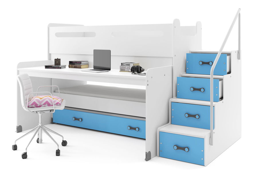 Poschodová posteľ 80 x 200 cm Moxxo 1 (biela + modrá) (s roštami, matracmi a úl. priestorom)