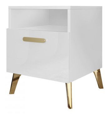 Noćni stolić Rostasi 1SZ (bijela + bijela sjajna + zlatna)