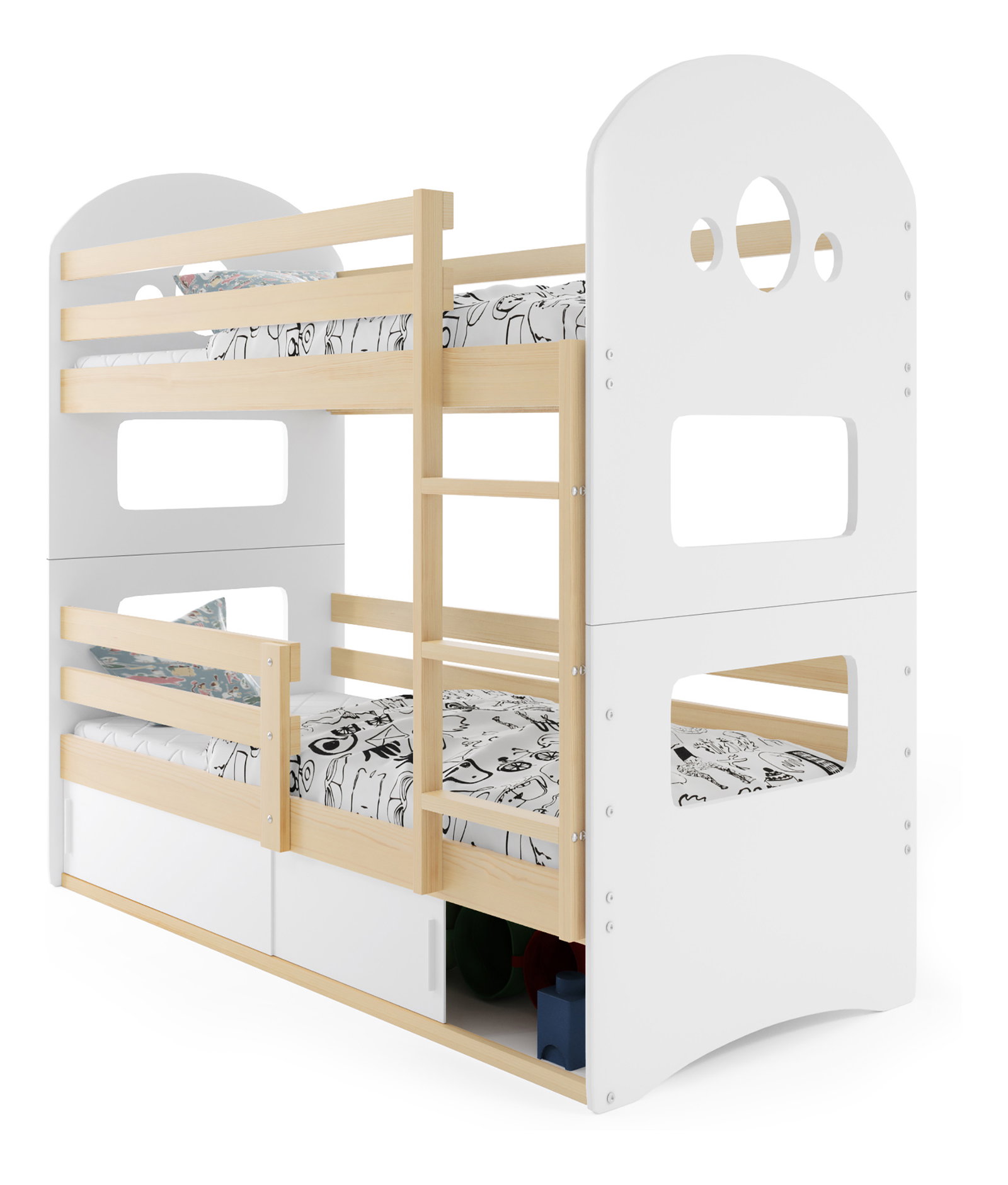 Emeletes ágy 80 x 160 cm Domur (fenyő + fehér) (ágyrácsokkal és tárolóhellyel)