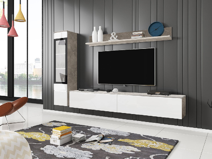 Mobilier living Selwyn I (beton + Alb lucios ) (iluminat LED Alb)