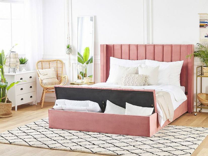 Pat matrimonial 160 cm NAIROBI (textil) (roz) (cu somieră)