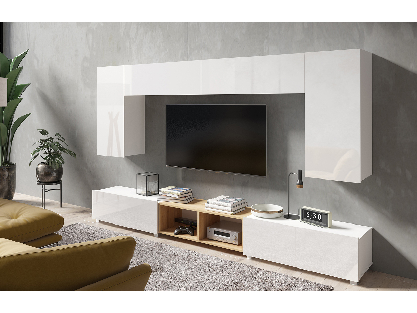 Mobilier living Calabria C23 WHITE (Alb + Stejar auriu) (fără iluminat)