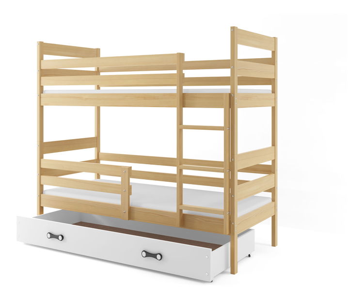 Pat etajat 80 x 190 cm Eril B (Pin + Alb) (cu somiere, saltele și sp. depozitare)