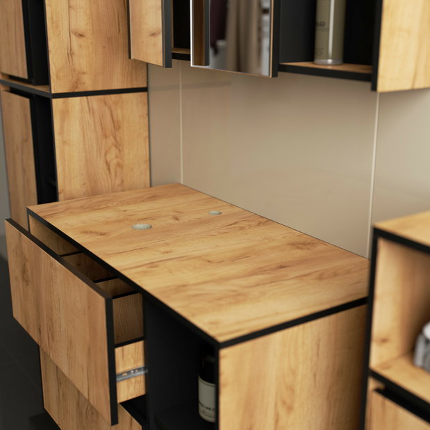 Set mobilier baie Vambos luxe (stejar artizanal + negru)