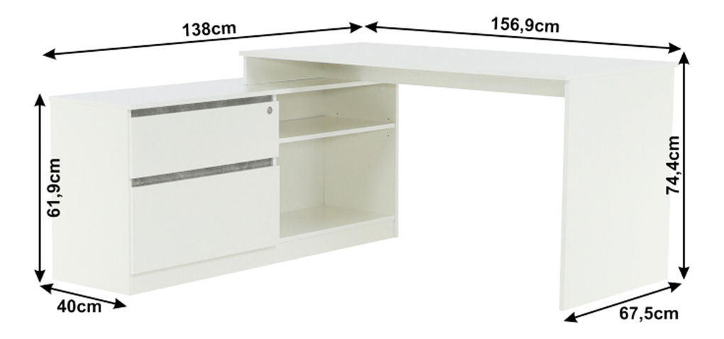 Rohový PC stolík Bill (biela + beton)