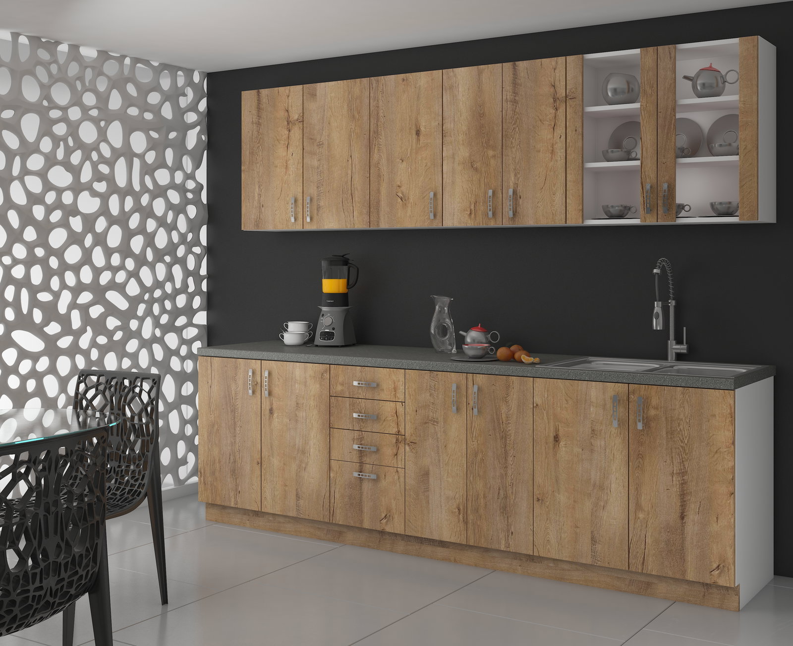 Bucătărie Sylrona 260 cm (stejar lefkas + alb)