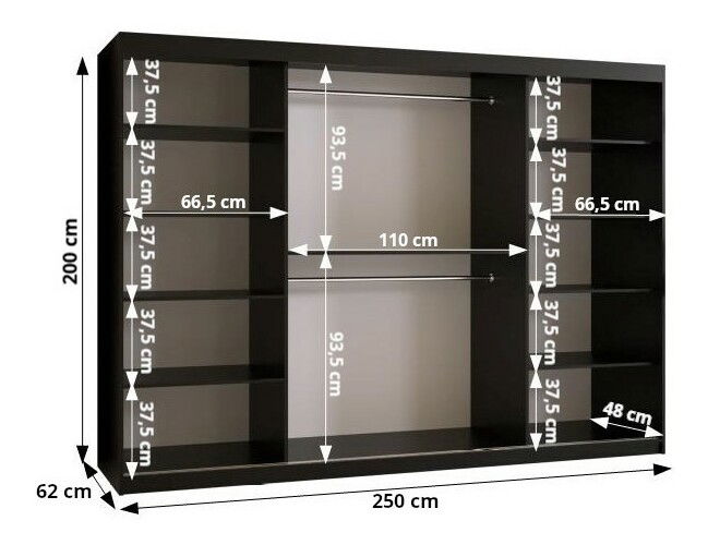 Dulap de haine 250 cm Boomer 2 (Negru) (cu iluminat)