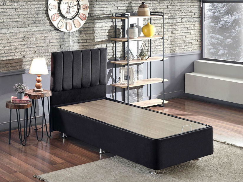 Pat de o persoană s čalúneným čelom 100 cm Kemadi (negru) (cu somieră) (cu sp. depozitare)