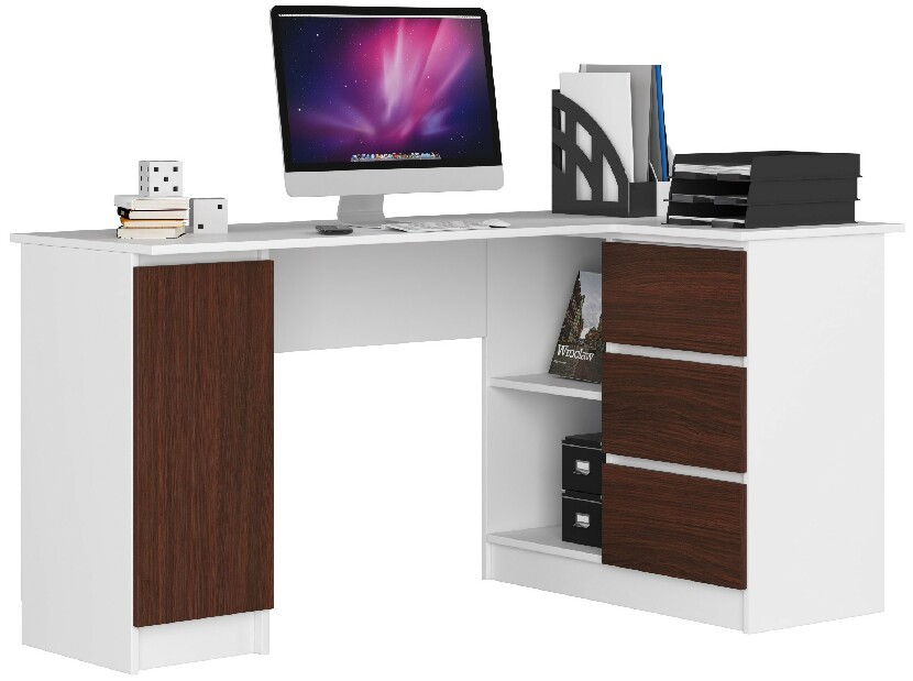 Rohový PC stolík Bevin (biela + wenge) (P)