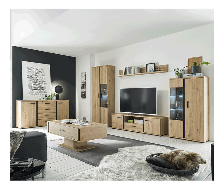 Mobilier living Kardun (stejar artisan + negru) (Cu iluminat LED)