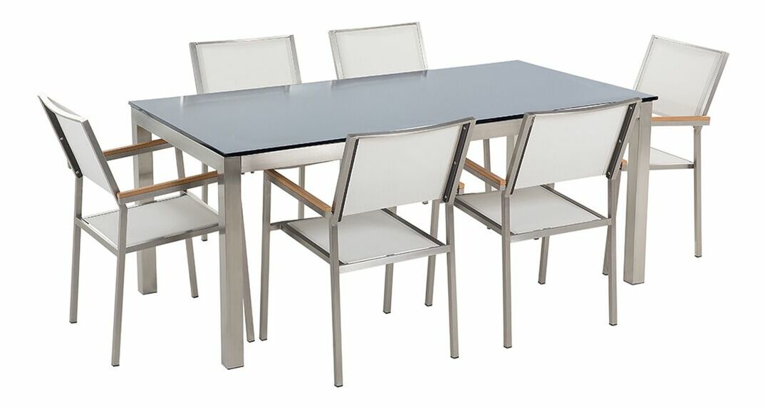 Záhradná jedálenská sada Grosso (čierna) (sklenená doska 180x90 cm) (biele stoličky)