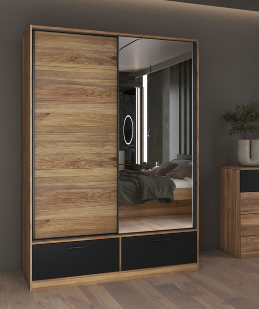 Dulap de haine cu uși culisante Benson MW61 (stejar mauvella + negru) (cu oglindă)