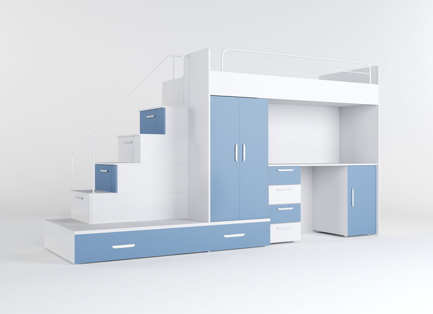 Pat pentru copii Ruby V (alb + albastru deschis) (cu somiere)