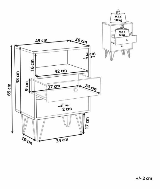 Nočný stolík ARVIE (MDF) (tmavé drevo) (2 zásuvky)