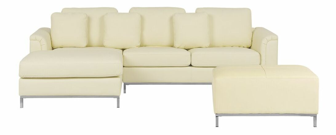 Kožená rohová sedačka Oulu (krémová) (s taburetkou) (L)