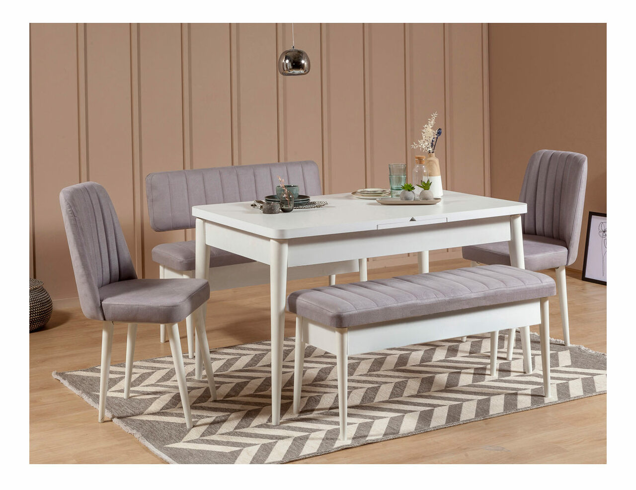 Rozkladací jedálenský stôl s 2 stoličkami a 2 lavicami Vlasta (biela + sivá)